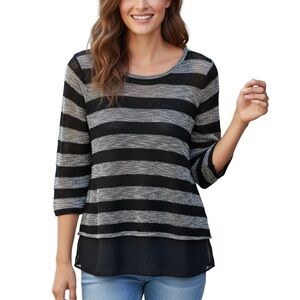 AB Studio Black and Gray Striped Long Sleeve Top